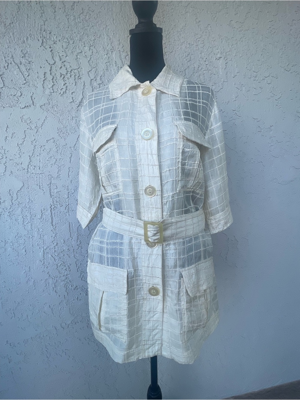 Vintage Yves Saint Laurent Cream Textured Belted Short-Sleeve Blouse size L